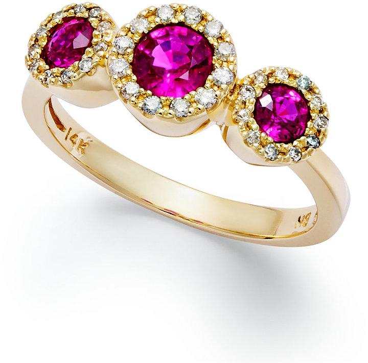 Hochzeit - Gemma by EFFY Ruby (3/4 ct. t.w.) and Diamond (1/6 ct. t.w.) Three-Stone Ring in 14k Gold