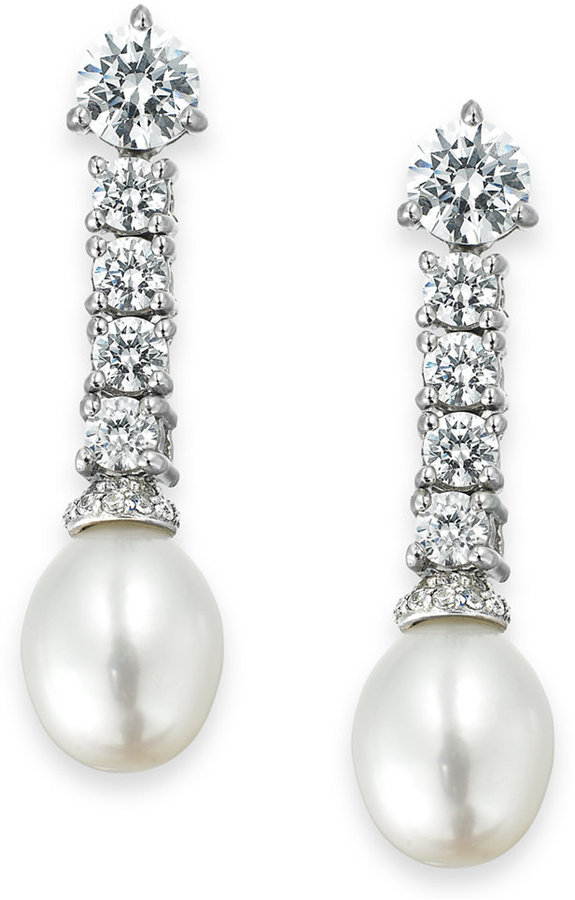 Mariage - Arabella Bridal Cultured Freshwater Pearl (8mm) and Swarovski Zirconia (3-5/8 ct. t.w.) Drop Earrings in Sterling Silver