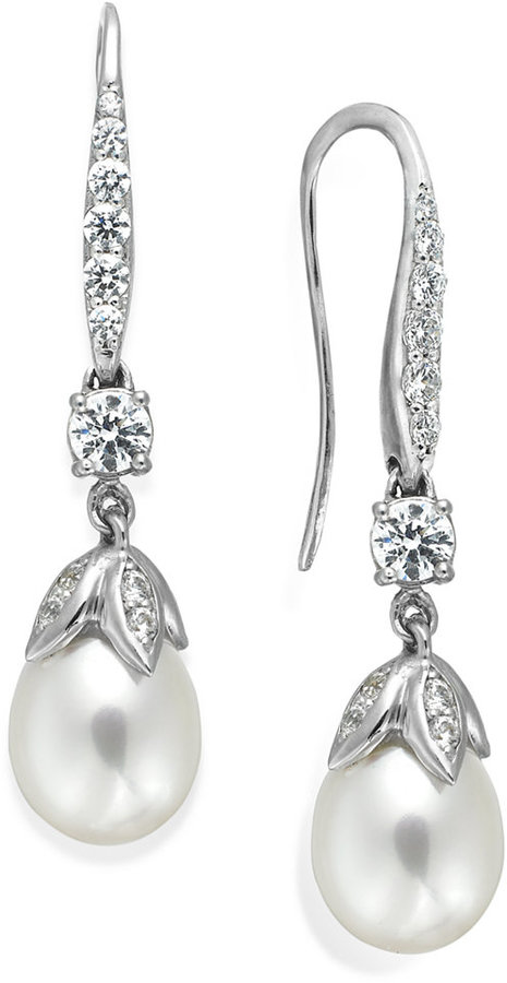 Hochzeit - Arabella Bridal Cultured Freshwater Pearl (8mm) and Swarovski Zirconia (1-5/8 ct. t.w.) Leaf Drop Earrings in Sterling Silver