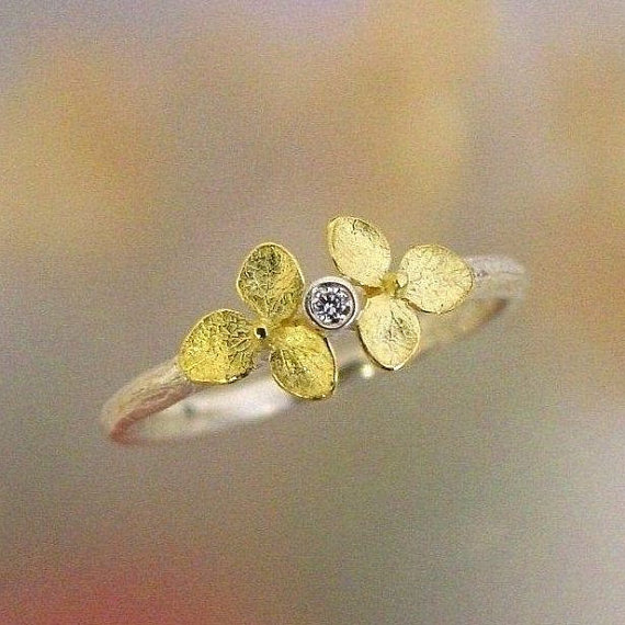 زفاف - Diamond Engagement Ring, Stacking Ring, Flower Ring, Tiny 18k Gold Hydrangea, Sterling Silver Band, Made to order