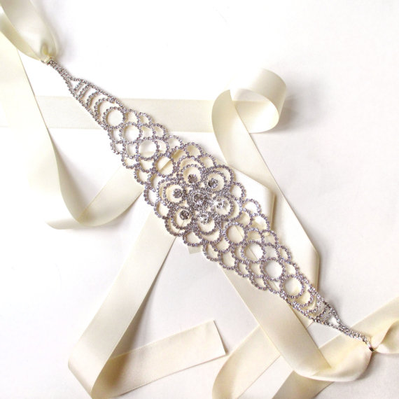 Свадьба - Blossoming Rhinestone Encrusted Bridal Belt Sash in SILVER - Custom Ribbon - Extra Long Silver and Crystal Wide Wedding Dress Belt