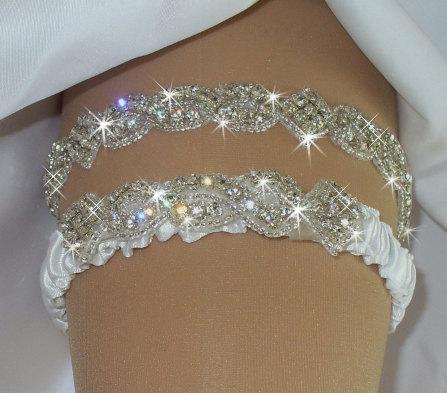 Mariage - Sparkling Rhinestone Wedding Garter Set, Bridal Garter Belts, Bridal Accessories Garter, White Wedding Crystal Garter, Something Blue Garter