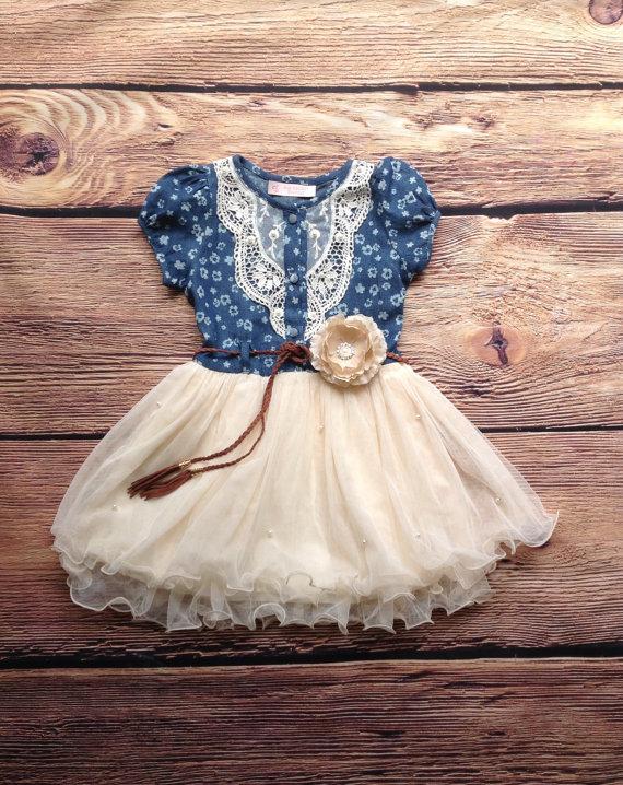 Mariage - Navy Ivory Toddler Girls Tutu Dress, Vintage Dress, Girls Denim Dress, Western Cowgirl Dress, Rustic Flower Girl Dress, Beach Wedding