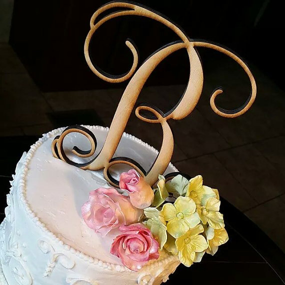 Mariage - Wooden Initial Cake Topper - Unpainted Vine Script Initial Cake Topper - Wedding Cake Topper