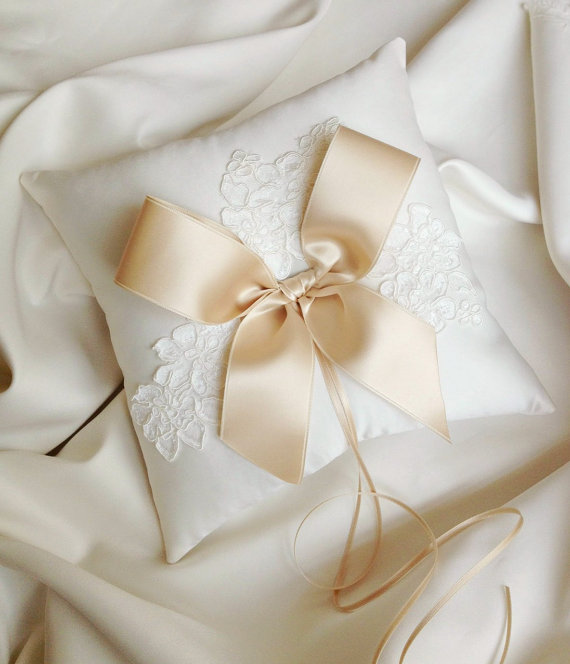 Wedding - Ivory and Champagne Ring Bearer Pillow - Lace Ring Bearer Pillow