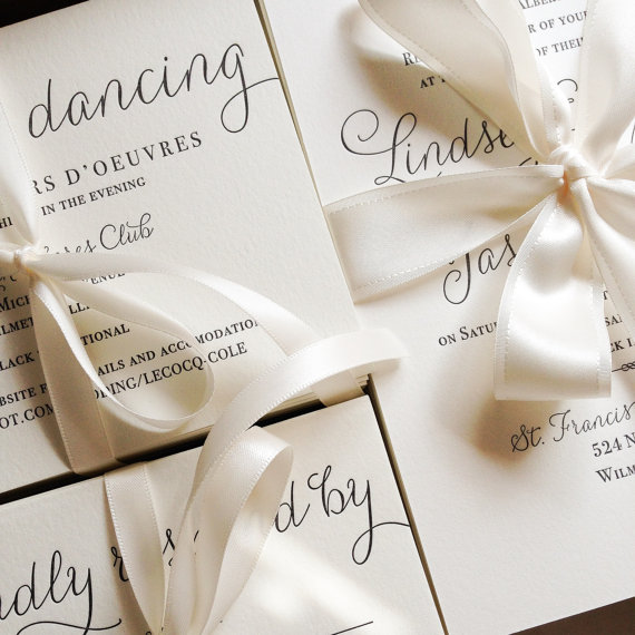 Wedding - The Belle Suite - Modern Letterpress Wedding Invitation Suite Black with Dot Liner, Black and White, Script, Cursive, Calligraphy, Simple