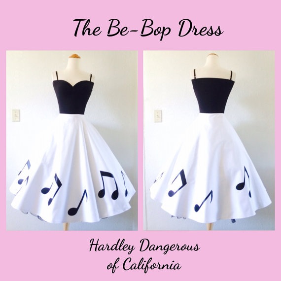 Mariage - The Be-Bop ROCKABILLY Strappy Tank Style Dress, White Rock n Roll Wedding, Sateen Pin Up Music Notes Dress, Burlesque Birthday VLV Dress