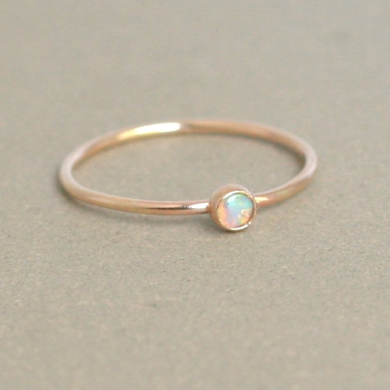 زفاف - SOLID 14k gold opal ring. ONE delicate stackable birthstone ring. mothers ring. engagement ring.