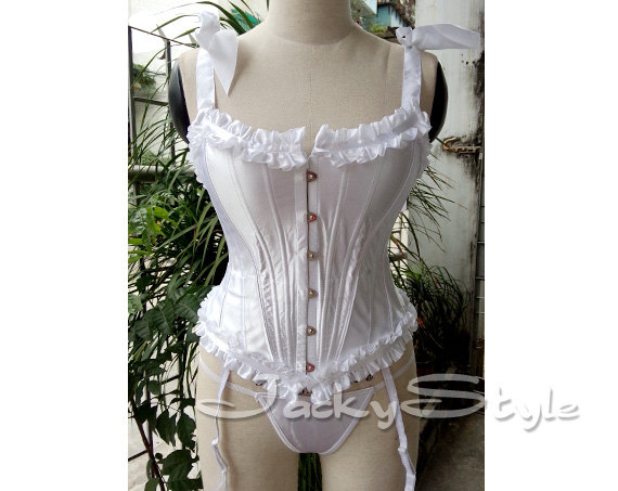 Wedding - White Steel Boned Corset Satin Ruffle Halter Bustier Lingerie top HIGH QUALITY Cotton Lining Classic Fashion Style