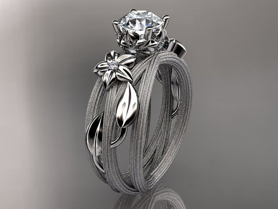 زفاف - 14kt  white gold diamond floral,leaf and vine  wedding ring,engagement ring ADLR253