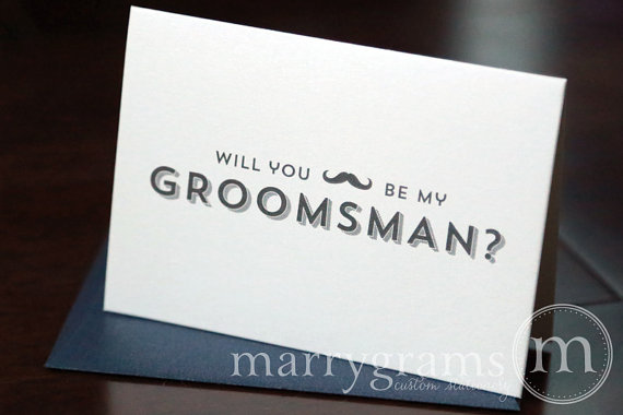 Mariage - Will You Be My Groomsman Cards, Best Man, Ring Bearer, Usher w Mustache -Ask Groomsmen to Your Wedding -Navy, Silver, Green Cards (Set of 8)