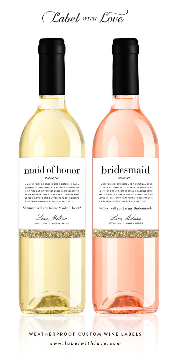 Wedding - Will You Be My Bridesmaid Wine Labels - Faux Glitter Definition Weatherproof Removable Ask Bridesmaid Wine Bottle Sticker