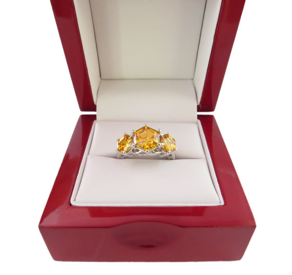 Hochzeit - 5 Carat Dark Canary Orange Cupio Hexagonal Diamond 3 Stone Engagement Ring, Man Made, Wedding, Sterling Silver