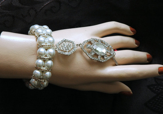 زفاف - The Great Gatsby Bracelet, Pearl Slave Bracelet,Art Deco Crystal Cuff Bridal Bracelet,1920's Style Ring Bracelet,Statement Bracelet