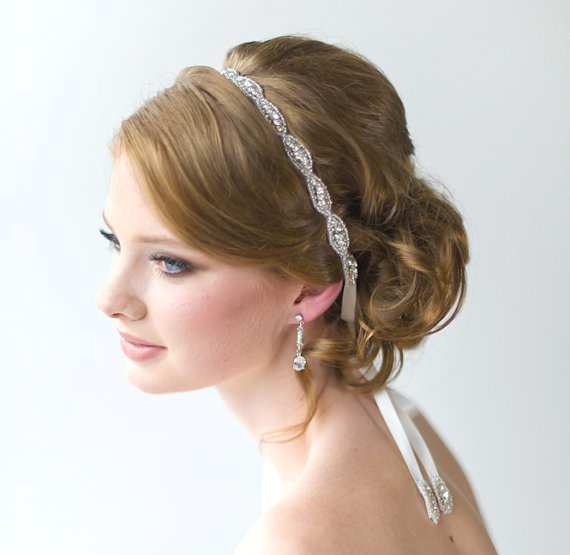 Wedding - Wedding Hair Accessory, Beaded Headband, Bridal Headband, Crystal Ribbon Headband