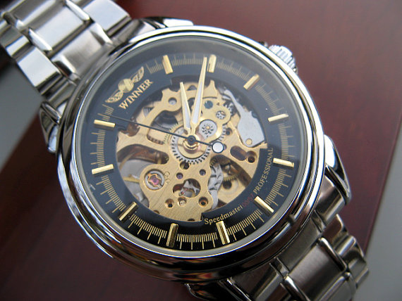 Wedding - Sleek Classic Mechanical Wrist Watch (Automatic) with Stainless Steel Watch Band - Steampunk - Groomsmen Gift - Watch - Item MWA007
