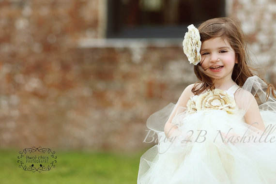 Mariage - Rustic Burlap  Flower Girl Dress in Ivory Wedding Flower Girl Dress Baby to Girls size 10