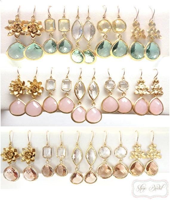 Hochzeit - Custom Bridesmaid Earrings Custom Bridal Jewelry Aqua Earring Blush Pink Bridesmaid Peach Earrings Gold Bridesmaid Earrings Crystal Wedding
