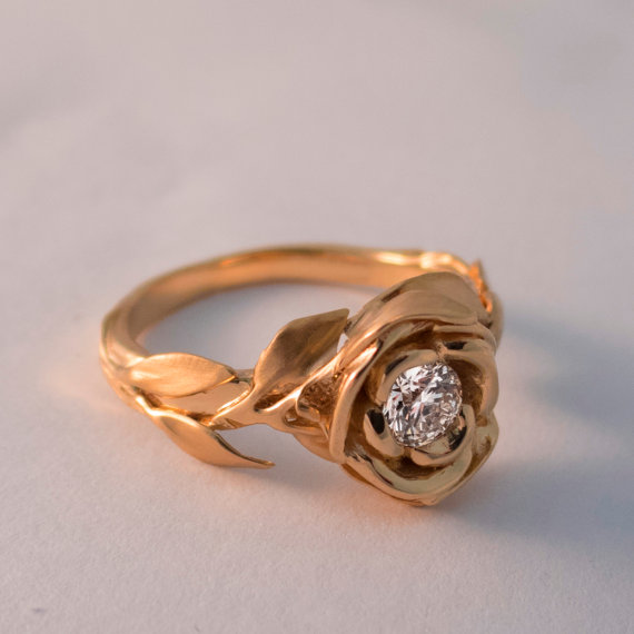 زفاف - Rose Engagement Ring No.1 - Rose Gold engagement ring, unique engagement ring, leaf ring, flower ring, antique, art nouveau, vintage