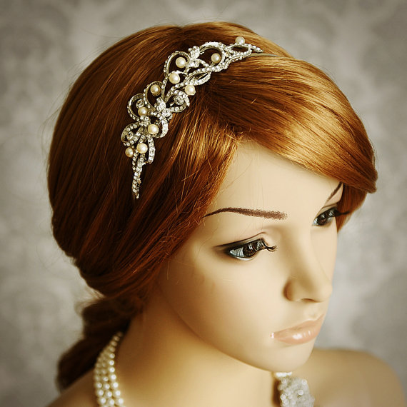 Wedding - TEGAN, Vintage Inspired Bridal Headband, Art Deco Wedding Headband, Pearl and Crystal Wedding Hair Accessories, Bridal Hair Accessories