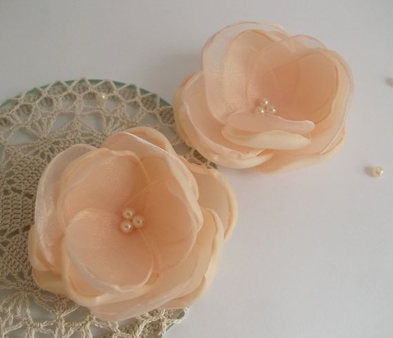 Hochzeit - Coral Orange Pastel peach fabric flowers in handmade, Bridal hair shoe dress accessory Weddings Bridesmaids Flower girls Hair Shoe clip Set