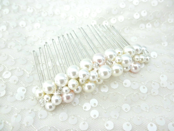 Hochzeit - Swarovski Pearl and Crystal Bridal Hair Comb, Wedding Day Pearl Hair Accessory, Blush, White, Ivory, Accessory for Bridal Up-do