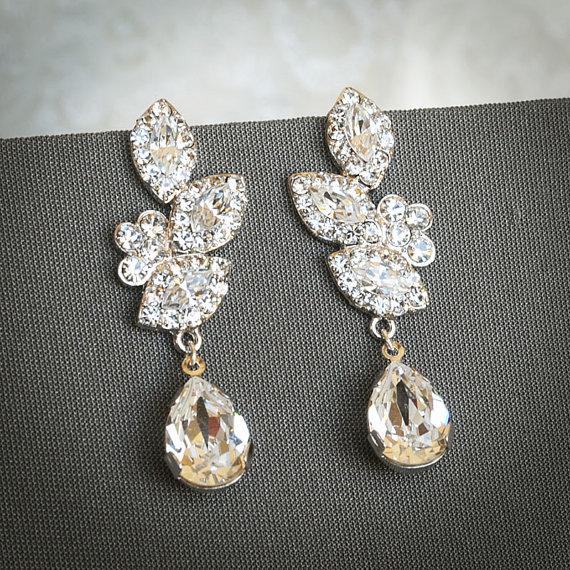 Wedding - LYSETTE, Swarovski Crystal Bridal Earrings, Wedding Chandelier Earrings, Vintage Inspired Flower and Leaf Wedding Dangle Earrings, Jewelry