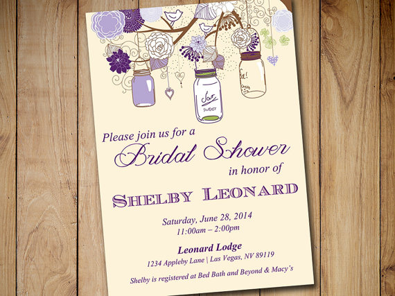 Свадьба - Rustic Bridal Shower Invitation Template - Mason Jar Wedding Shower Template Eggplant Lavender Purple Green Ivory Shower Invitation Download