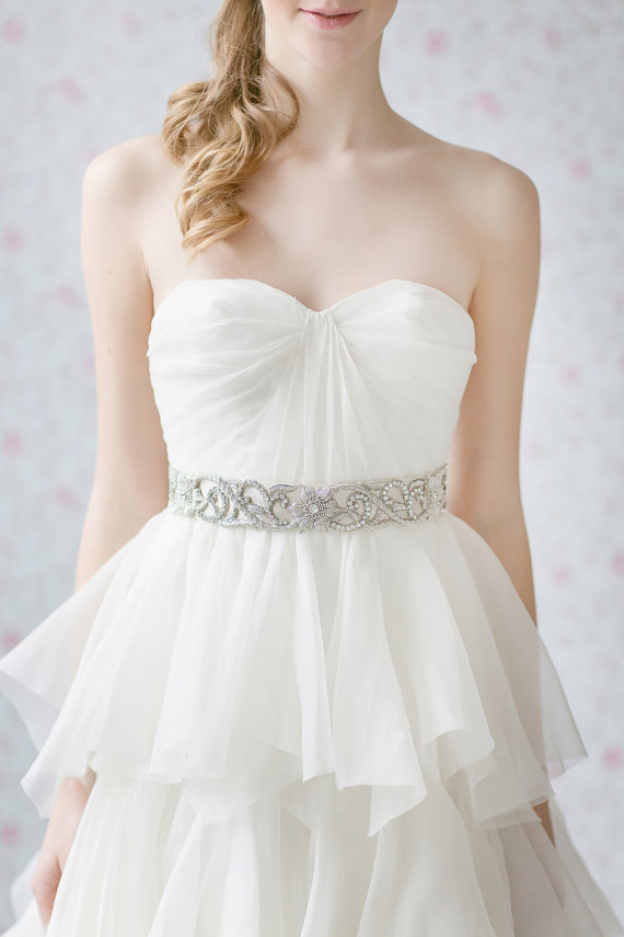 Свадьба - Silver Beaded Sash, Wedding Sash ,Bridal Belt, Silver Floral Sash Belt