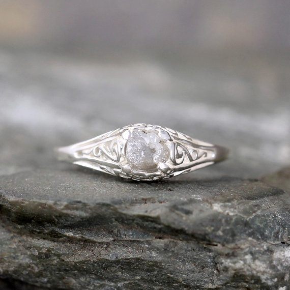 Hochzeit - Antique Style Rough Diamond Engagement Ring - Raw Uncut Rough Diamond Gemstone and Sterling Silver Filigree Ring  - April Birthstone