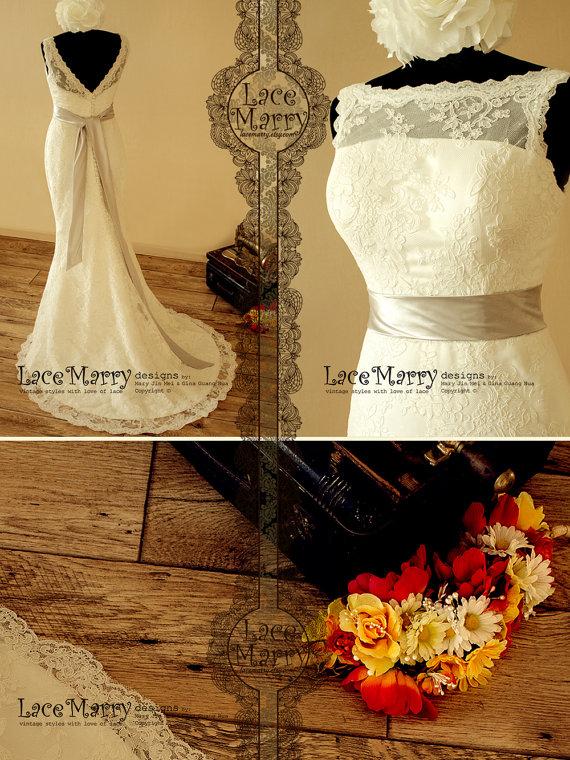 زفاف - High Neckline Open V-Back Lace Wedding Dress in Slim A-Line Style, Comes with Satin Sash - Lace Wedding Dresses