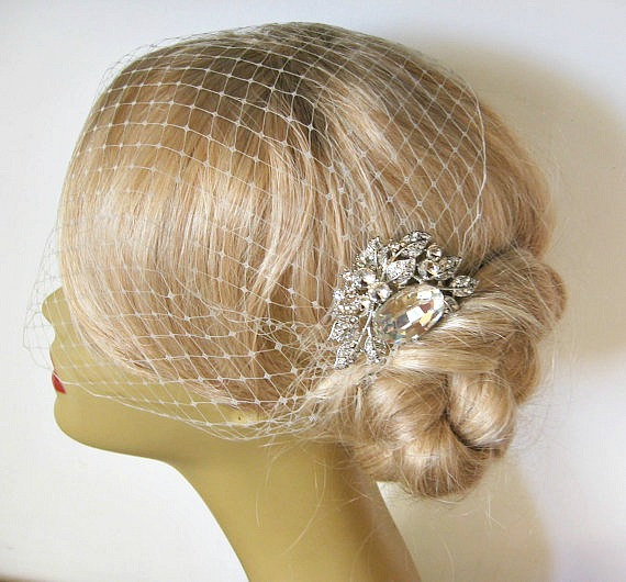 Mariage - Bridal Veil and Bridal Comb, Bandeau Birdcage Veil, Bird Cage Veil , With Rhinestone Fascinator Comb   Bridal Headpiece