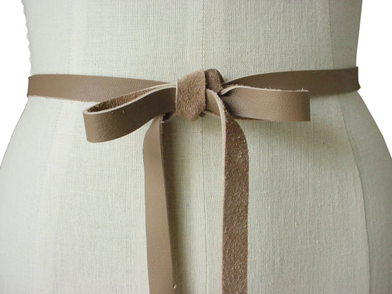 Wedding - Seamless Narrow Leather Tie Belt Soft Leather Bow Belt, Mushroom Taupe Leather Ribbon Tie on  Belt , Wedding Dress Sash, Extra Long
