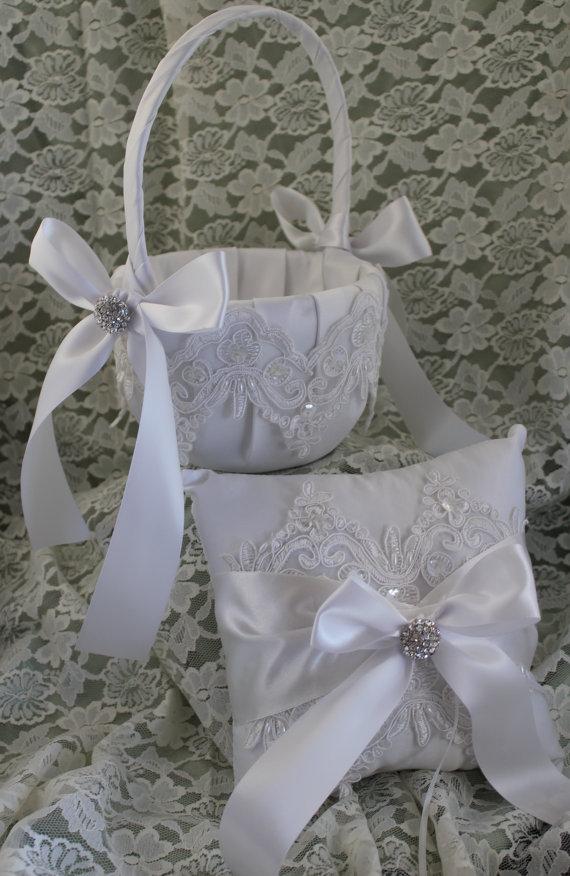 Wedding - Elegant-Larger White or Ivory Flower Girl Basket/Matching Ring Bearer Pillow Lace Applique-Custom Colors , Pearls, Sequins, Satin Ribbons