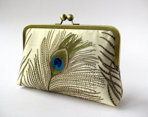 Wedding - Silk Embroidered Peacock Clutch Bag in Ivory Bag Noir, Bridesmaid clutch, Weddings bride formal clutch purse