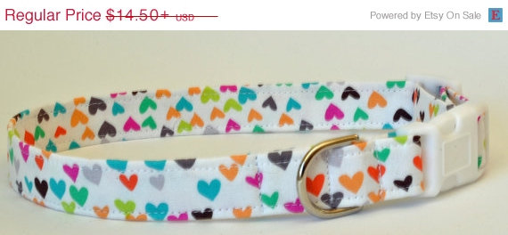 زفاف - SALE 50% Off Wedding White with Multi Collored Hearts Dog Collar - "Sorbet Love"-NO EXTRA Charge for colored buckles