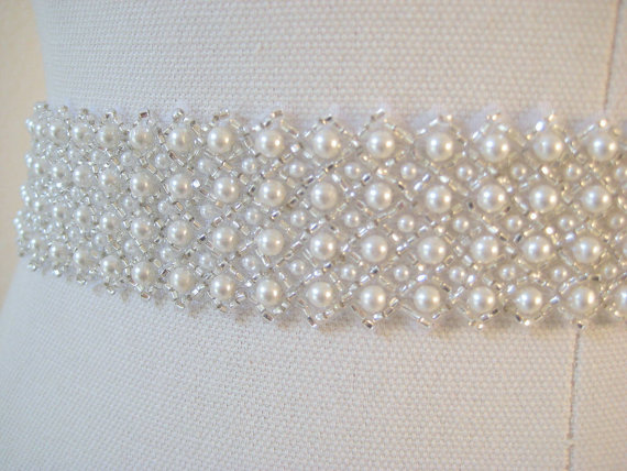 Wedding - Elegant beaded Czechoslovakia pearl bridal sash.  Wedding ribbon belt.  LUMINIOUS PEARL