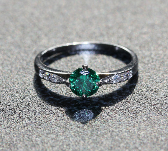 Wedding - Genuine Emerald Solid Sterling Silver Solitaire engagement ring - handmade engagement ring - wedding ring