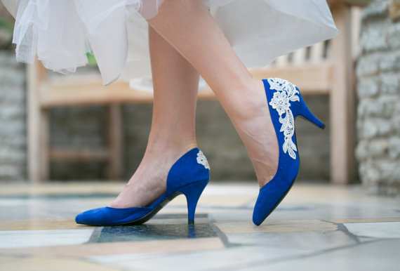 Wedding - Bridal Shoes  - Cobalt Blue Wedding Shoes, Wedding Heels, Lace Heels with Ivory Lace. US Size 5.5