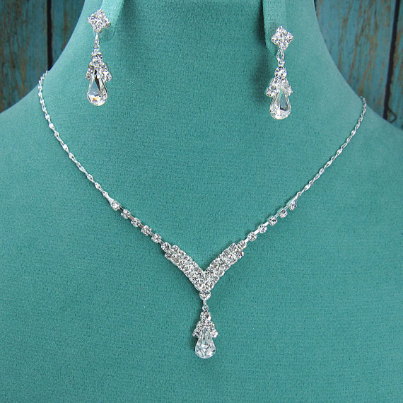 Hochzeit - Rhinestone Jewelry Set, Crystal Wedding Necklace Set, bridal jewelry set, wedding jewelry set, bridesmaid jewelry set