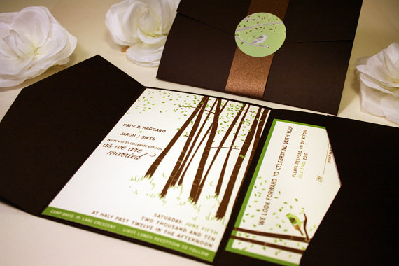 Wedding - SAMPLE Forest Pocketfold Wedding Invitation, Summer, Spring, Rustic and Modern, Grass Green, Chocolate Brown