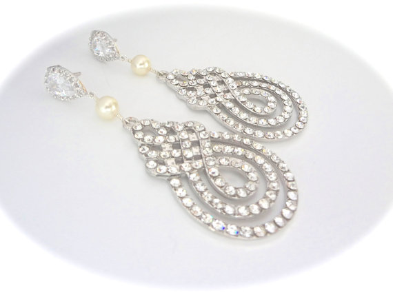 Mariage - Long Rhinestone earrings - Bridal jewelry - Statement earrings - Swirl design - Large Crystal earrings - Sterling silver posts -  STUNNING