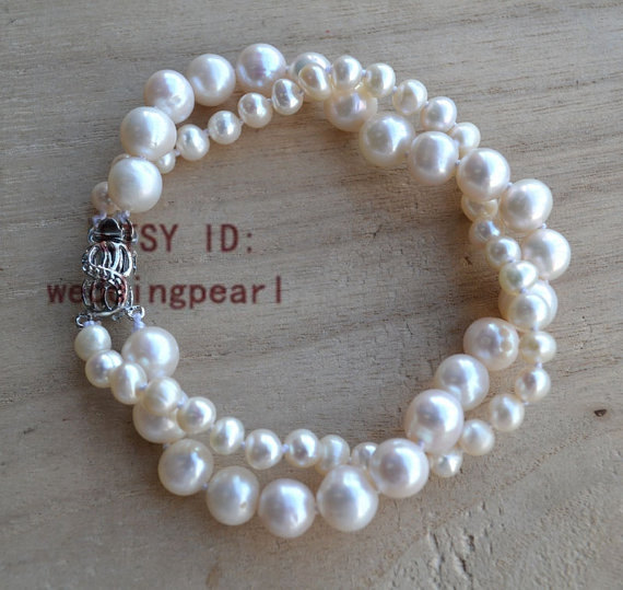 Mariage - ivory pearl bracelets, 8 inches 5-9mm 2 strands frshewater pearl bracelet , wedding bracelet, bridesmaids bracelet, lady bracelet