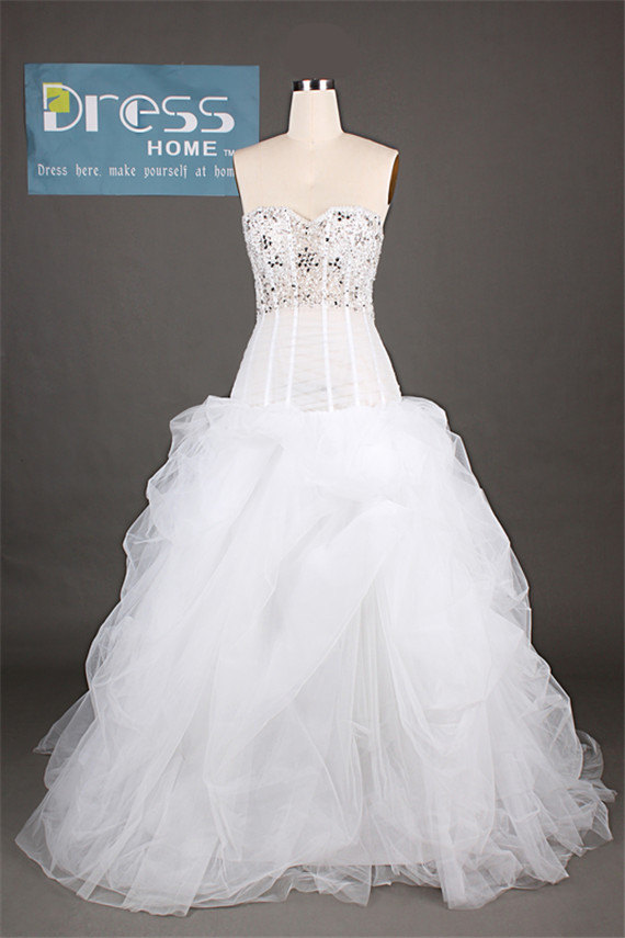 زفاف - 2014 Sexy White Sweetheart Beading Ruffles Ruched Organza A Line Wedding Dress/Vintage Beaded Bridal Dress/Custom Make Wedding Gown DH229