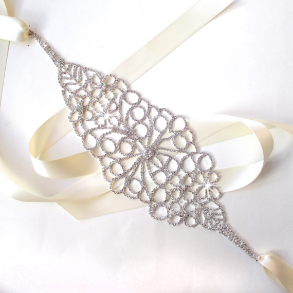 Hochzeit - Widest Rhinestone Encrusted Bridal Belt Sash in SILVER - Custom Ribbon - Extra Long Silver and Crystal Wide Wedding Dress Belt