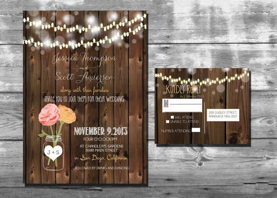 Mariage - Rustic Wedding Invitation with lights and mason jar Package