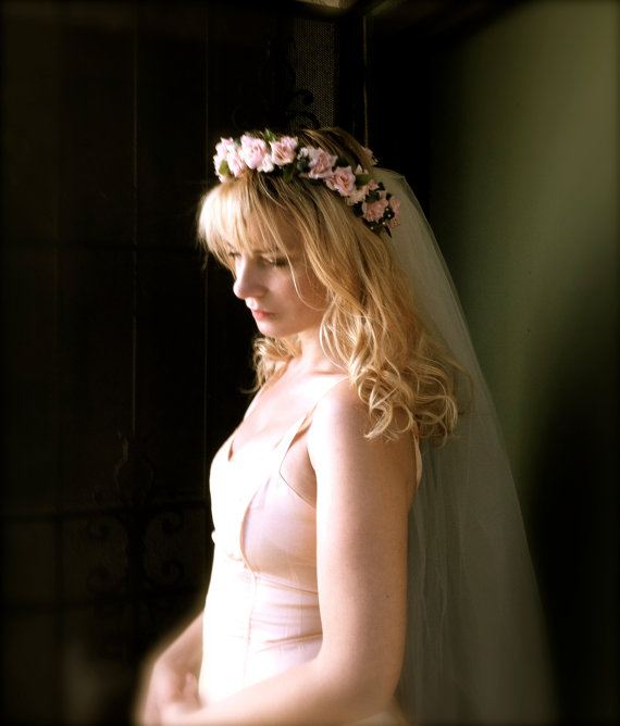 Wedding - Flower wedding headband with ivory veil bridal head piece pink roses ivory