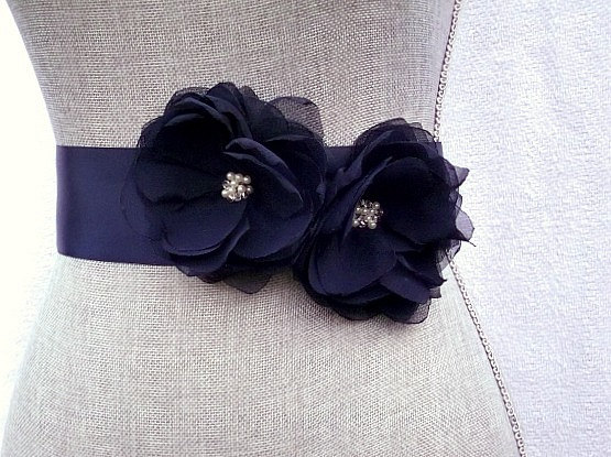Wedding - Navy Blue Bridal Sash , Navy Wedding Belt, Navy Blue Bridal Belt -Navy Blue Chiffon Bridal Sash