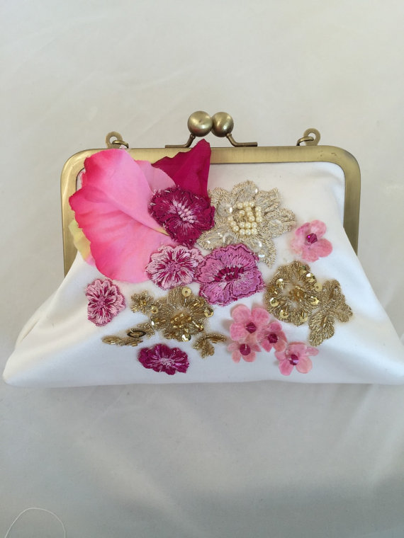 Mariage - Silk satin wedding purse, bridal clutch pink flowers, custom made purse, white bridal purse, pink wedding clutch, One of a kind