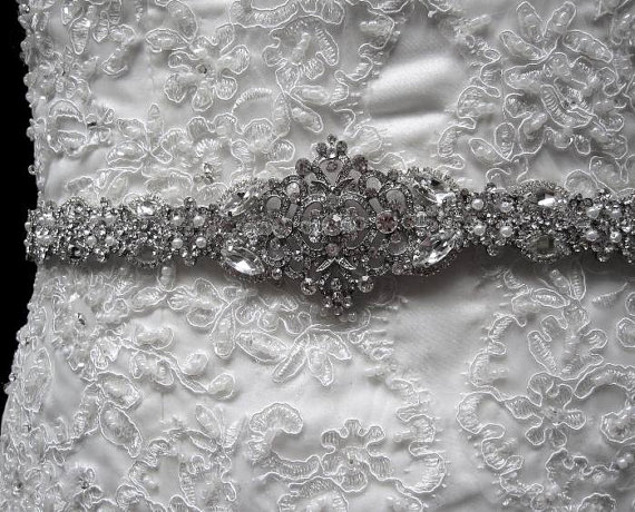 Hochzeit - Vintage Chic Victorian Style Wedding Dress Gown Crystal Embellishment Brooch Sash Beaded Belt